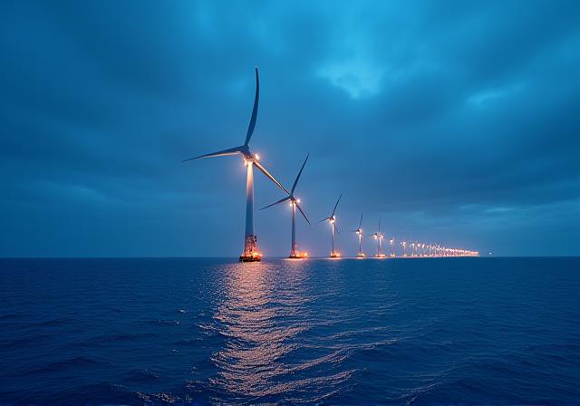 Offshore wind turbines in the hazy ocean at dusk