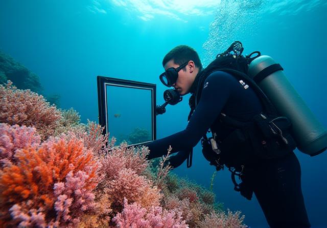 Scientists conducting underwater coral reef health survey for environmental baseline study